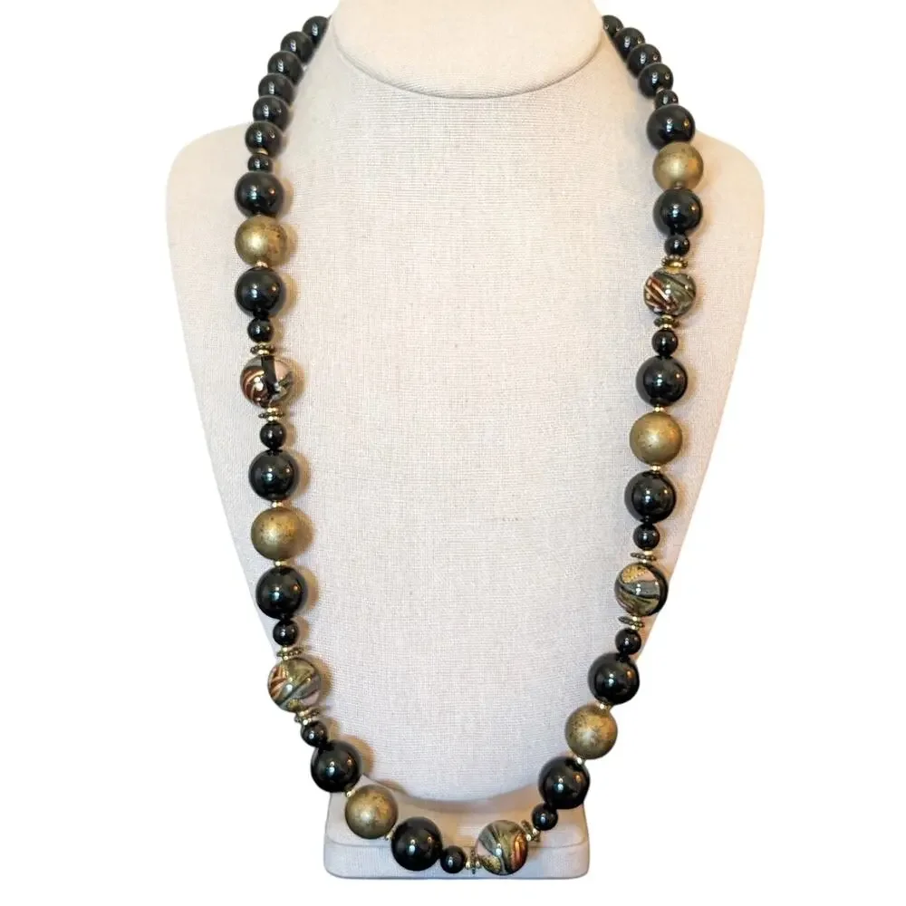 Two Black/Gold & Painted Beaded Vintage 24
